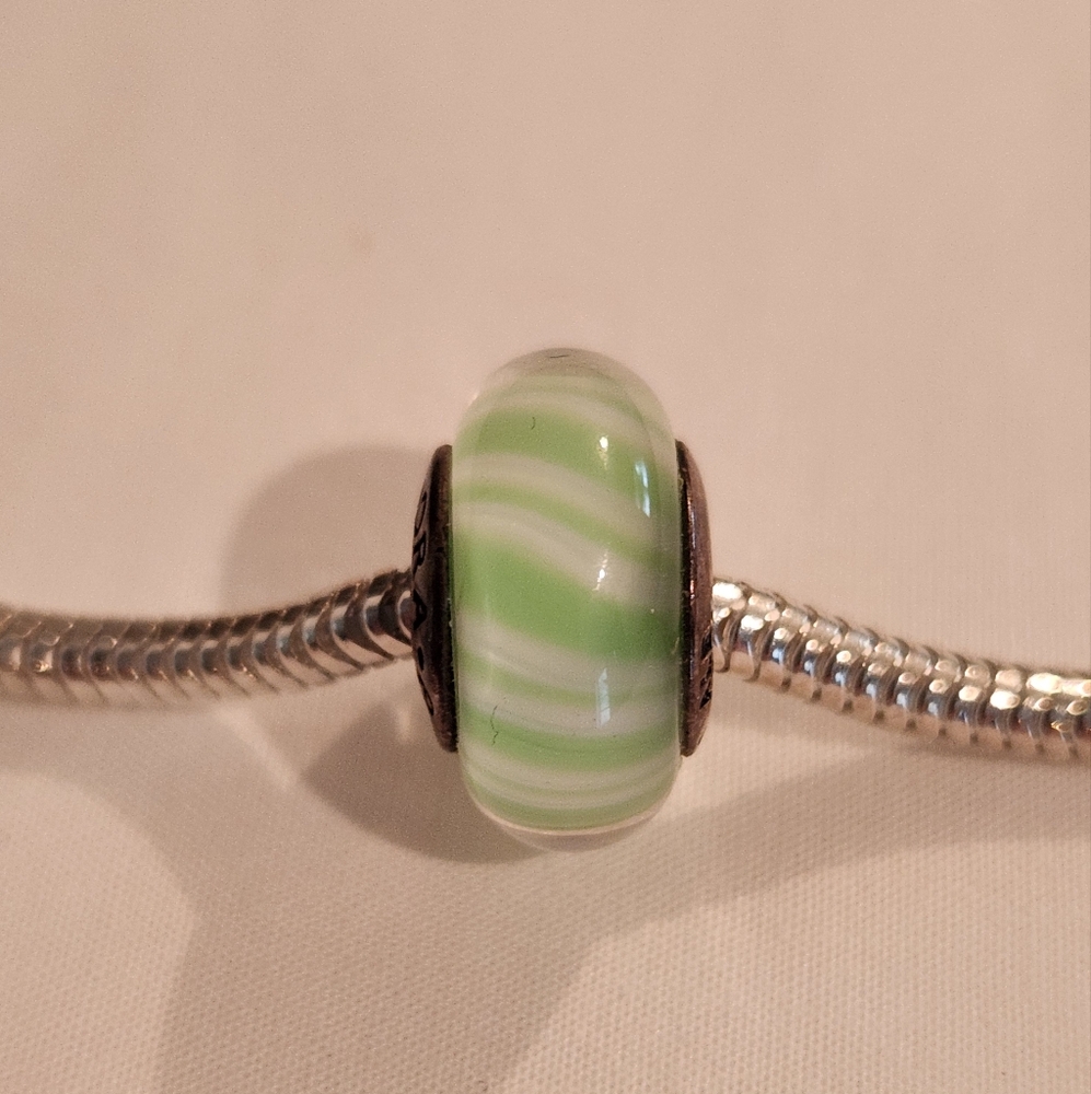 Pandora Green Candy Stripes Murano Glass and Sterling Silver Charm Bead 790685